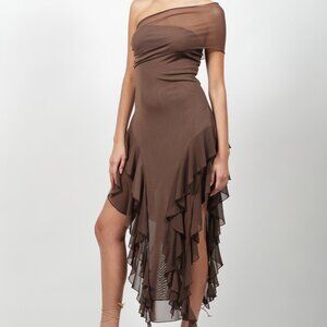 Kim Shui brown mesh asymmetrical strap ruffle maxi dress